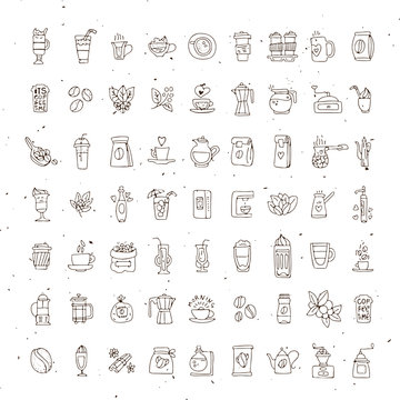 Vector set of coffee icons on white background. Hand drawn coffee icon, vector doodle collection. Morning coffee, logo with cafe, beans, leaves, coffee pots, cups and other accessories