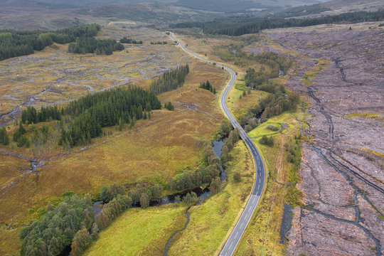 Scenic Road in the Northwest Highlands of Scotland at Autumn