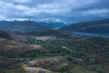 Aerial View over Scottish Highlands at Early Autumn