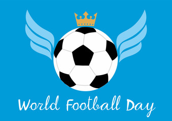 World Football Day. Ball with wings and a crown on a blue background. Vector hand-drawn graphics