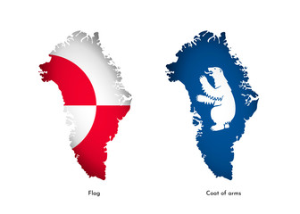 Vector illustration with national flag and Coat of arms on map (simplified shape) of Greenland. Volume shadow on the map