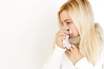 beautiful winter girl fell ill and coughing isolated closeup