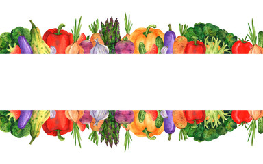 Two-sided border of watercolor bright vegetables hand-drawn for the design of menus, business cards, shop windows, textiles, postcards and any design.