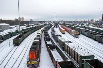 wagons at the marshalling yard in the winter