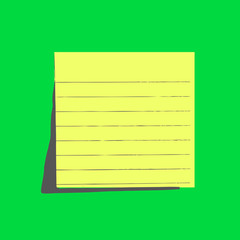 Vector illustration of a square yellow ruled sticker note paper sheet on a green wall. Reminder note template with blank space for text.
