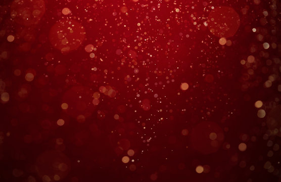 Abstract, Defocused Red, Gold Glittering Christmas Background With Copy Space