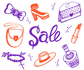 Accessories for women isolated on the white background, fashion theme. Seasonal sale and discounts. Jewelry, cosmetics, perfume, purse, high heels and other women stuff. Set of vector illustrations.