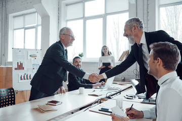 Modern businessmen shaking hands while working together with their team in the office