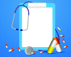 Medical background, vector illustration of medical clipboard and stethoscope and pills isolated on blue background