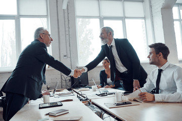 Modern businessmen shaking hands while working together with their team in the office
