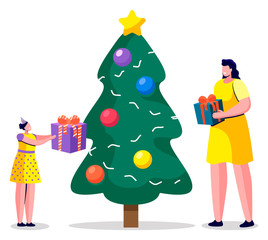 Women character standing near fir-tree with present container. Mother and daughter wearing dress giving gift box near Christmas tree. People characters celebration holiday near Xmas wood vector