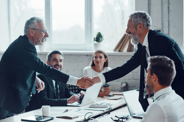 Confident businessmen shaking hands and smiling while working together with colleagues in the board...