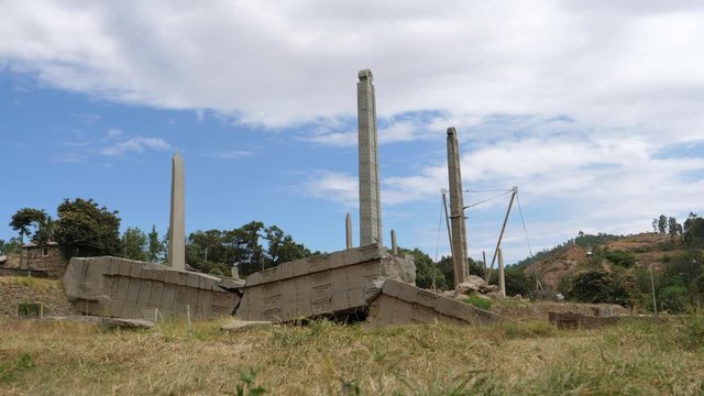 View of the Northern Stelae Park in Axum, Ethiopia showing the Great Stele lying broken in the foreground