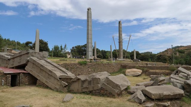 Wide angle view of the Northern Stelae Park in Axum, Ethiopia showing the Great Stele lying broken