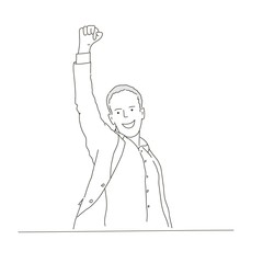 Sketch of happy businessman. Man keeping arm raised and expressing positivity. Hand drawn vector illustration.