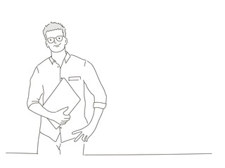 Sketch of businessman with laptop. Hand drawn vector illustration.