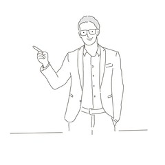 Businessman pointing. Hand drawn vector illustration.