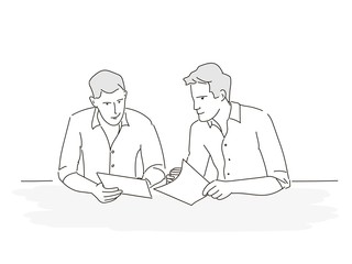 Sketch of business people. Businessmen using notebook. Office workers. Hand drawn vector illustration.