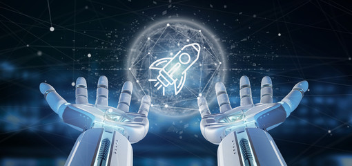 Cyborg hand holding a  start up rocket on a sphere 3d rendering