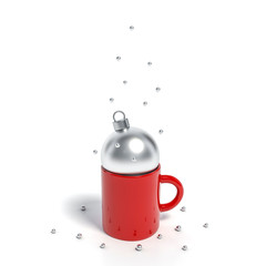Metallic silver christmas ball Ornaments put on red coffee cup with white background 3d rendering. 3d illustration minimal style, celebration christmas and morning of new year sale concept.