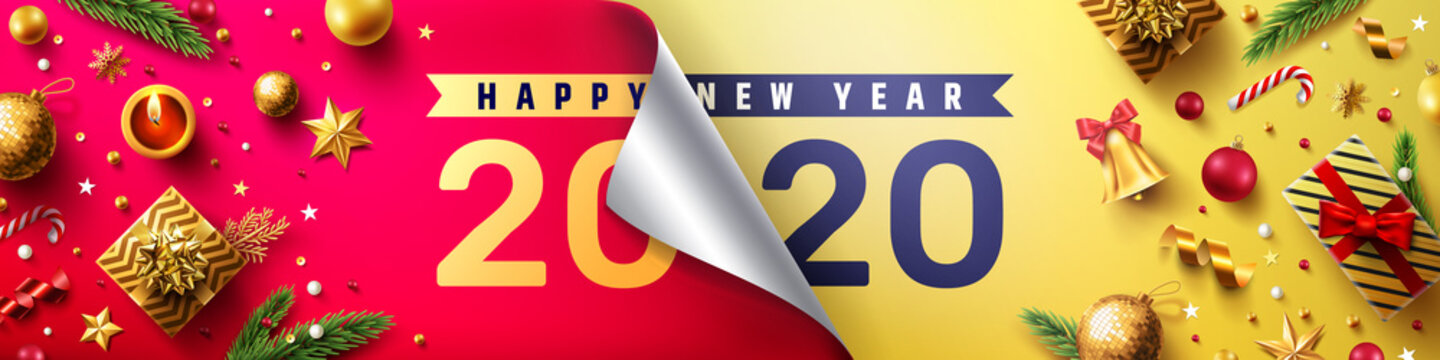 2020 Happy New Year Promotion Poster or banner with golden gift box and christmas decoration elements.Change or open to new year 2020 concept.Promotion and shopping template for New Year.Vector EPS10