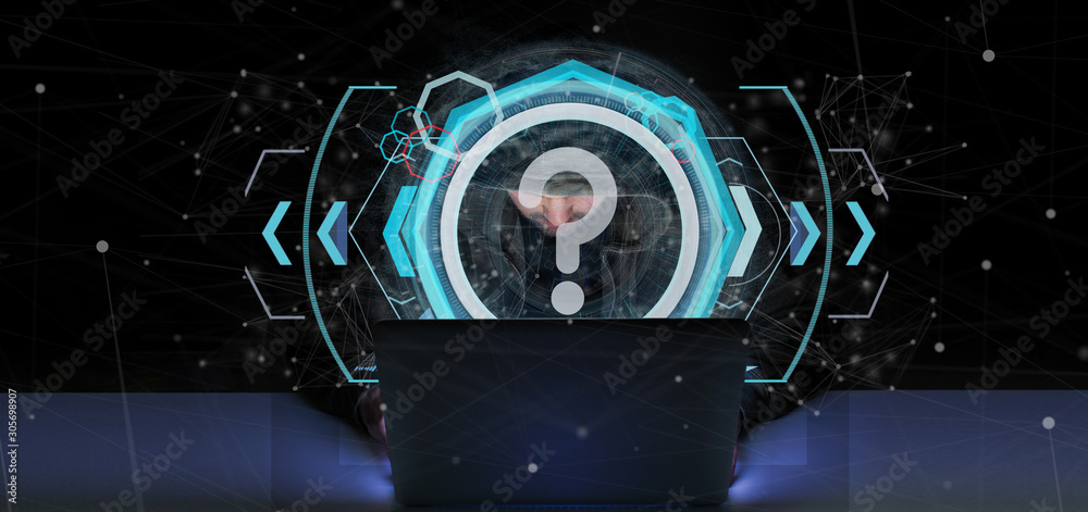 Poster hacker man holding a technology question mark icon on a circle 3d rendering