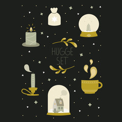 Vector set of elements in the style of hygge. Set in gold and black colors. Cozy warm things fall-winter: candles, hot drinks and snowballs. Set on black background