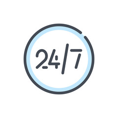 Customer service 24/7 color line icon. Circle button with 24/7 vector outline colorful sign.