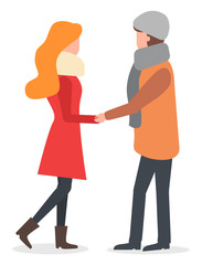 Man and woman characters holding hands, people walking in winter season. Romantic day of male and female in warm clothes standing together. Side view of boyfriend and girlfriend in scarf flat vector