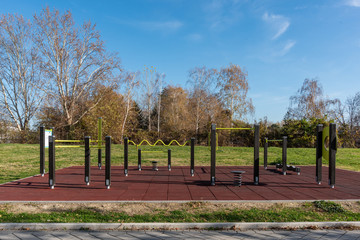 Novi Sad, Serbia - November 24, 2019: Gym in the nature. Free outdoor gym in a public park in Novi Sad, Serbia.