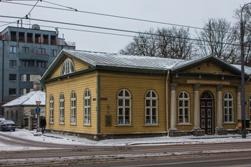 Traditional historic house on Tallinn street in winter. Estonia