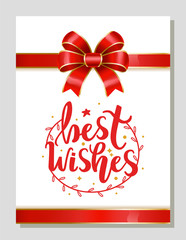 Best wishes decorative gift card with red ribbon bow and calligraphic inscription. Decoration on greeting postcard. Wreath and stars, symbol of xmas and new year in circle. Vector in flat style