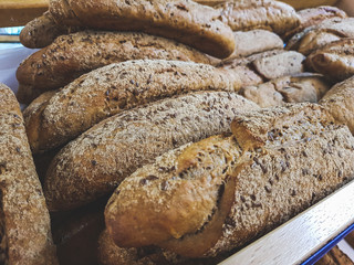 Fresh baked bread in the marketplace, close up.