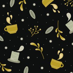 Hugge style vector pattern. Cozy, warm pattern with candles, a mug of tea on a black background