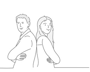 Man and a woman stand with their backs to each other. Line drawing vector illustration.