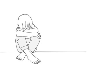 Sketch of child. Boy sits with his head on his knees. Line drawing vector illustration.
