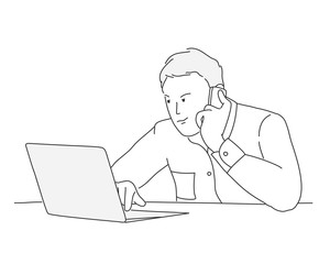 Sketch of businessman with laptop and talking on his phone. Line drawing vector illustration.