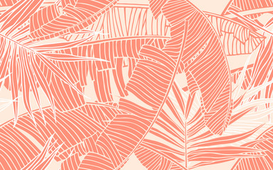 Tropische Blätter. Nahtloses Muster mit Bananenlaub und Palmblatt. Gestaltungselement, Banner für die Tourismus- und Reisebranche, Sommerschlussverkauf, Druck für Textilien und Textur für Stoffe.