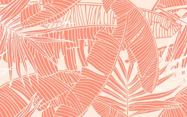 Fotobehang Koraal Tropische bladeren. Naadloos patroon met bananenblad en palmblad. Ontwerpelement, banner voor toerisme en reisindustrie, zomerverkoop, print voor textiel en textuur voor stoffen.