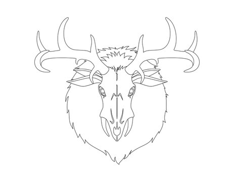Wendigo monster head. Animal skull with deer horns fur and ears. Creature from native american folklore beliefs. Windigo mythical evil spirit for halloween or folklore school lesson. raster image