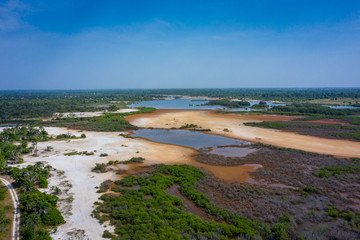 Aerial view of national reserve in south of Gambia, West Africa. Photo made by drone from above.