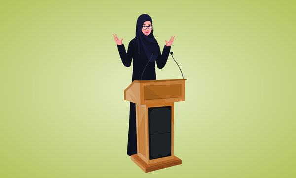  Arabic Muslim Woman With Podium Giving Speech Vector