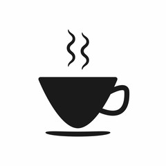 Silhouette of cup, saucer and hot steam. Icon, symbol, logo. Isolated vector illustration.
