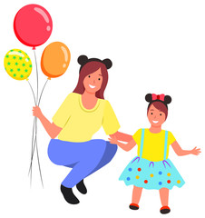 Daughter with mother celebrating holiday vector, isolated kid and mom holding inflatable balloons flat style character. Mommy and kiddo wearing fancy ears, smiling and posing at photozone accessory