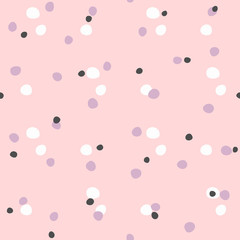 Simple seamless pattern with colored round spots. Vector illustration. Pink, lilac, white, black.
