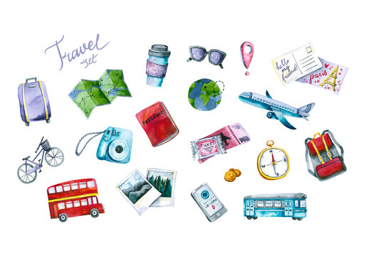 Set of watercolor travel icons. Hand painted trendy illustrations isolated on white circles. Bright signs are perfect for blogger, traveler, influencer, highlight covers, social media design, stickers