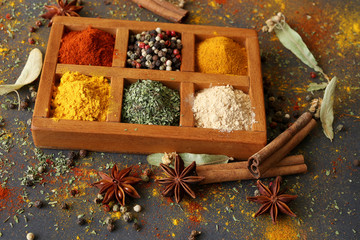 colorful spices in wooden box