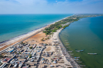 Fototapeta na wymiar Aerial view of fishing village of Djiffer. Saloum Delta National Park, Joal Fadiout, Senegal. Africa. Photo made by drone from above.