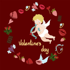 Cute cupid with bow and arrow in a round frame from the symbols of Valentine's Day and lettering, on a red background. Design for Valentine's Day card. Vector flat illustration.