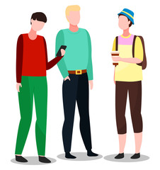 Obraz premium People standing together and talking. Guy in hat with backpack and coffee in hands. Man in red shirt using smartphone. Men meeting, gathering for communication. Vector illustration in flat style